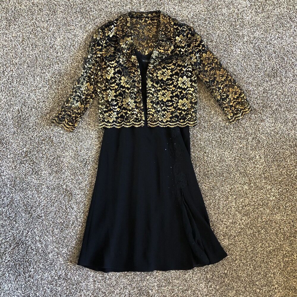 Vintage Jones New York Dress‎ Size 6 Black with Gold Lace Cardigan